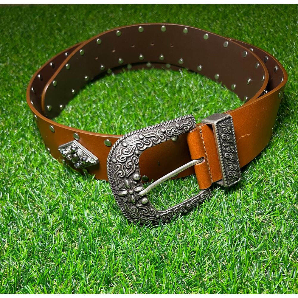 Vintage Chico's Y2K 40" Women's Studded Wide Leather Jeweled Brown Belt